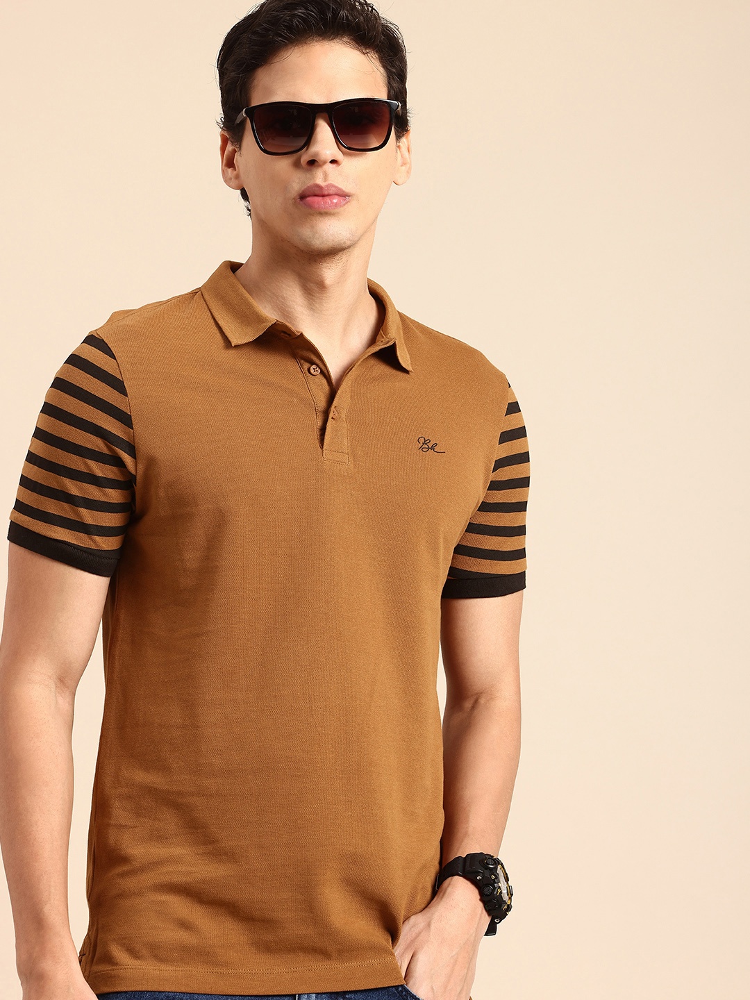 

Being Human Striped Polo Collar Pure Cotton T-shirt, Brown