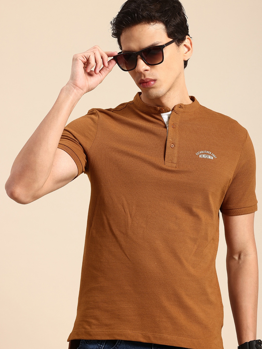 

Being Human Henley Neck Pure Cotton T-shirt, Brown