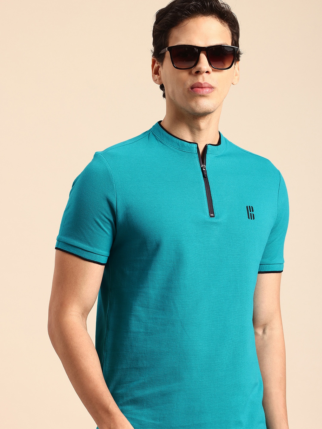 

Being Human Mandarin Collar Pure Cotton T-shirt, Teal