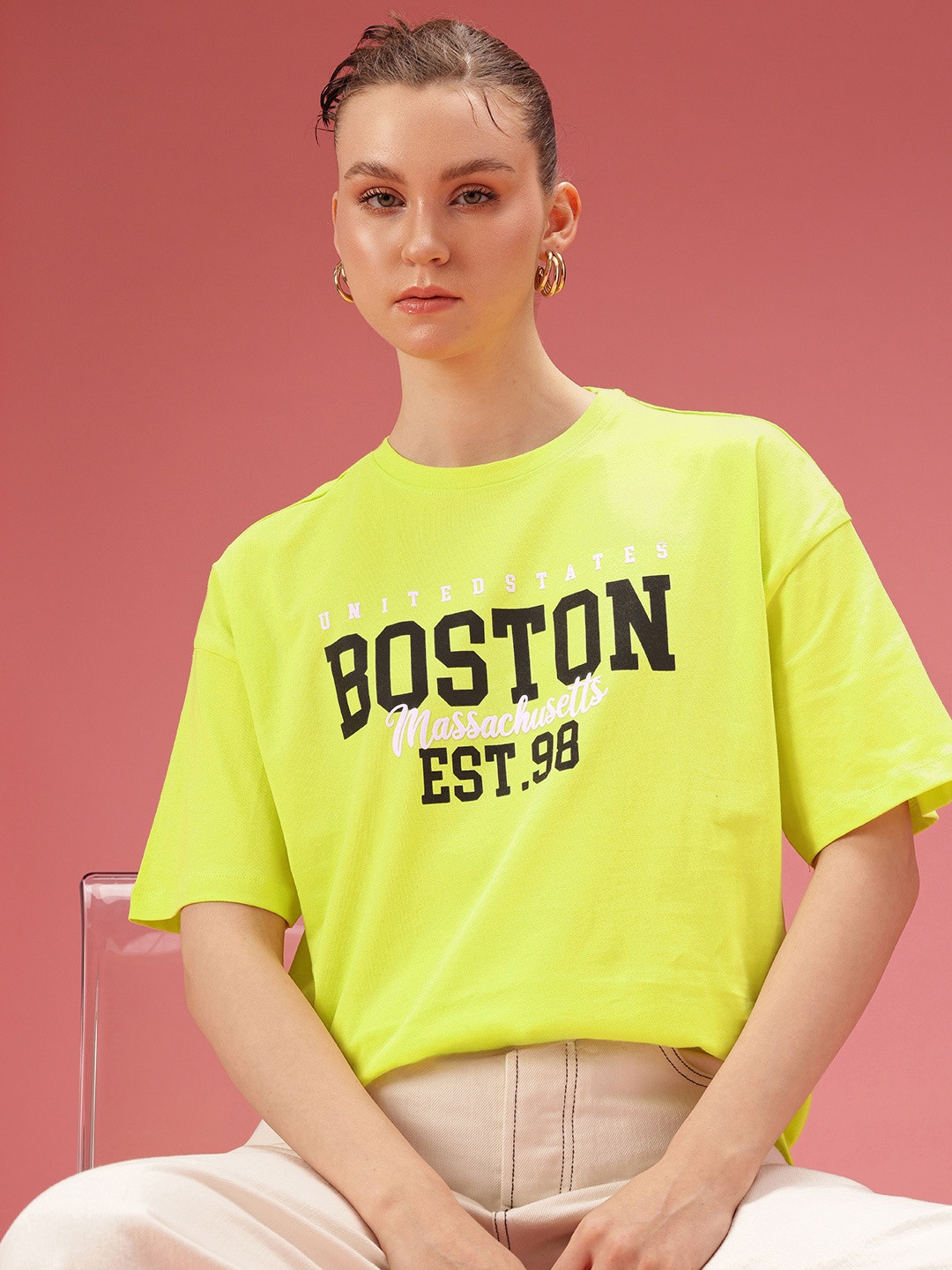 

DressBerry Pure Cotton Typography Printed Relaxed Fit T-shirt, Lime green