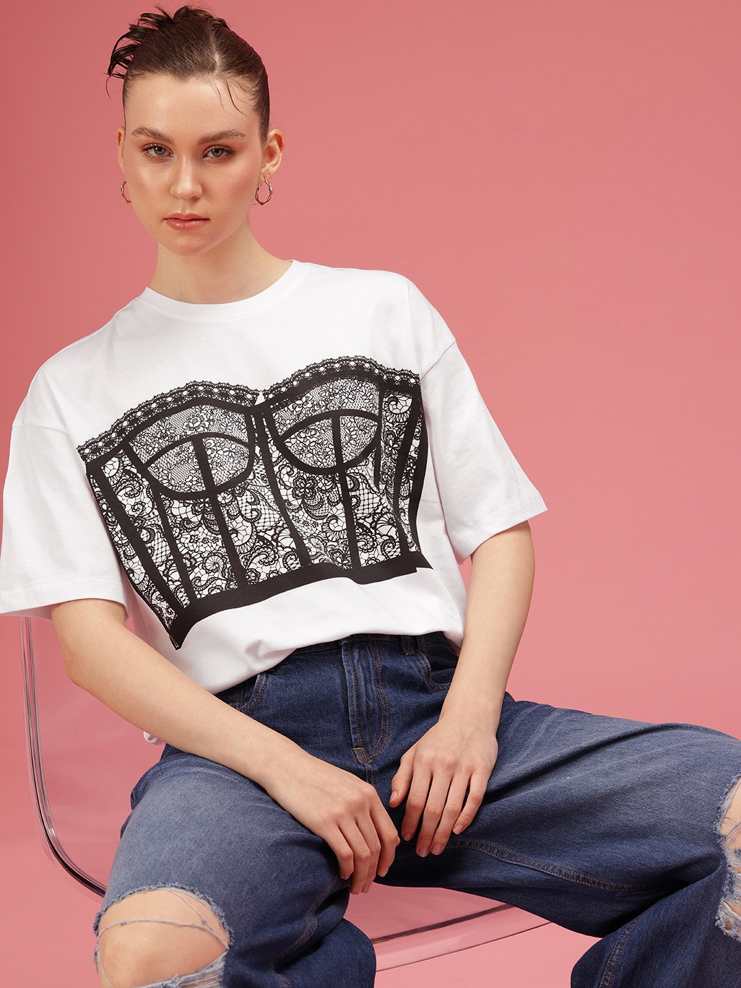 

DressBerry Pure Cotton Graphic Printed Relaxed Fit T-shirt, White