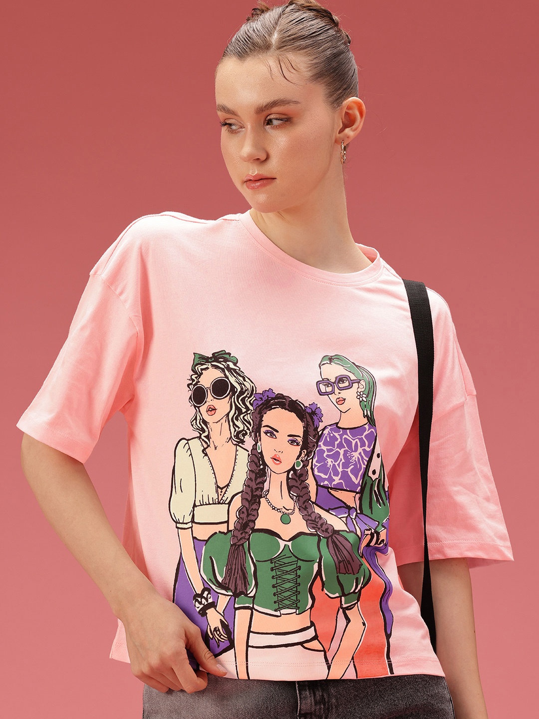 

DressBerry Printed Drop-Shoulder Sleeves Relaxed Pure Cotton T-shirt, Pink