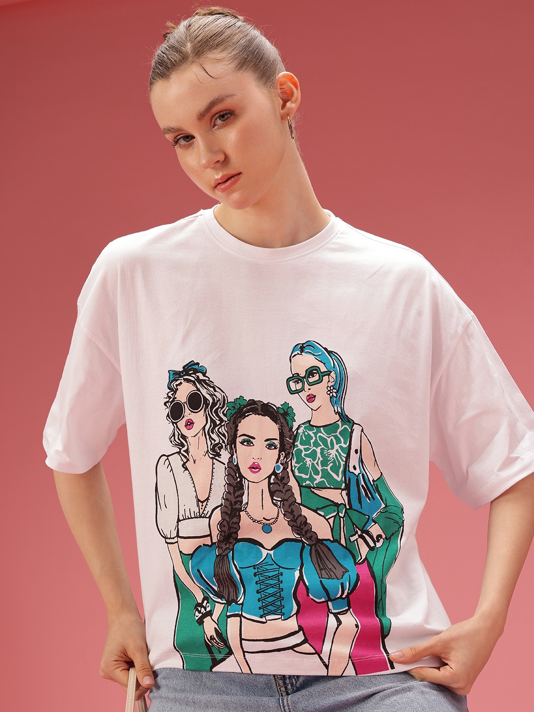 

DressBerry Printed Drop-Shoulder Sleeves Oversized Pure Cotton T-shirt, White