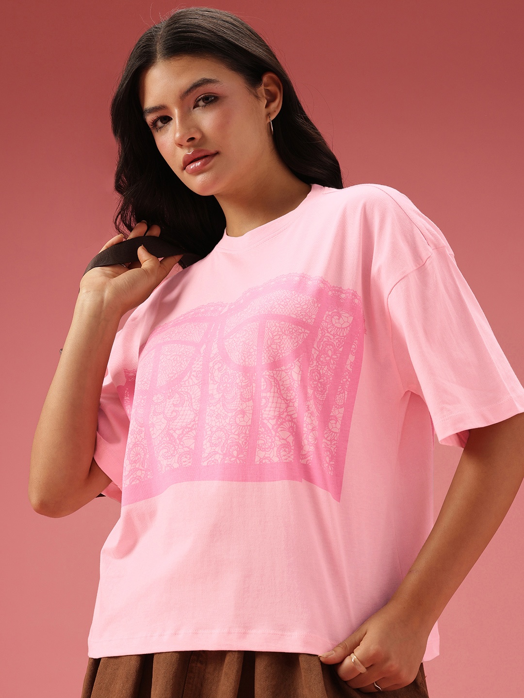 

DressBerry Relaxed Fit Graphic Printed Pure Cotton T-shirt, Pink