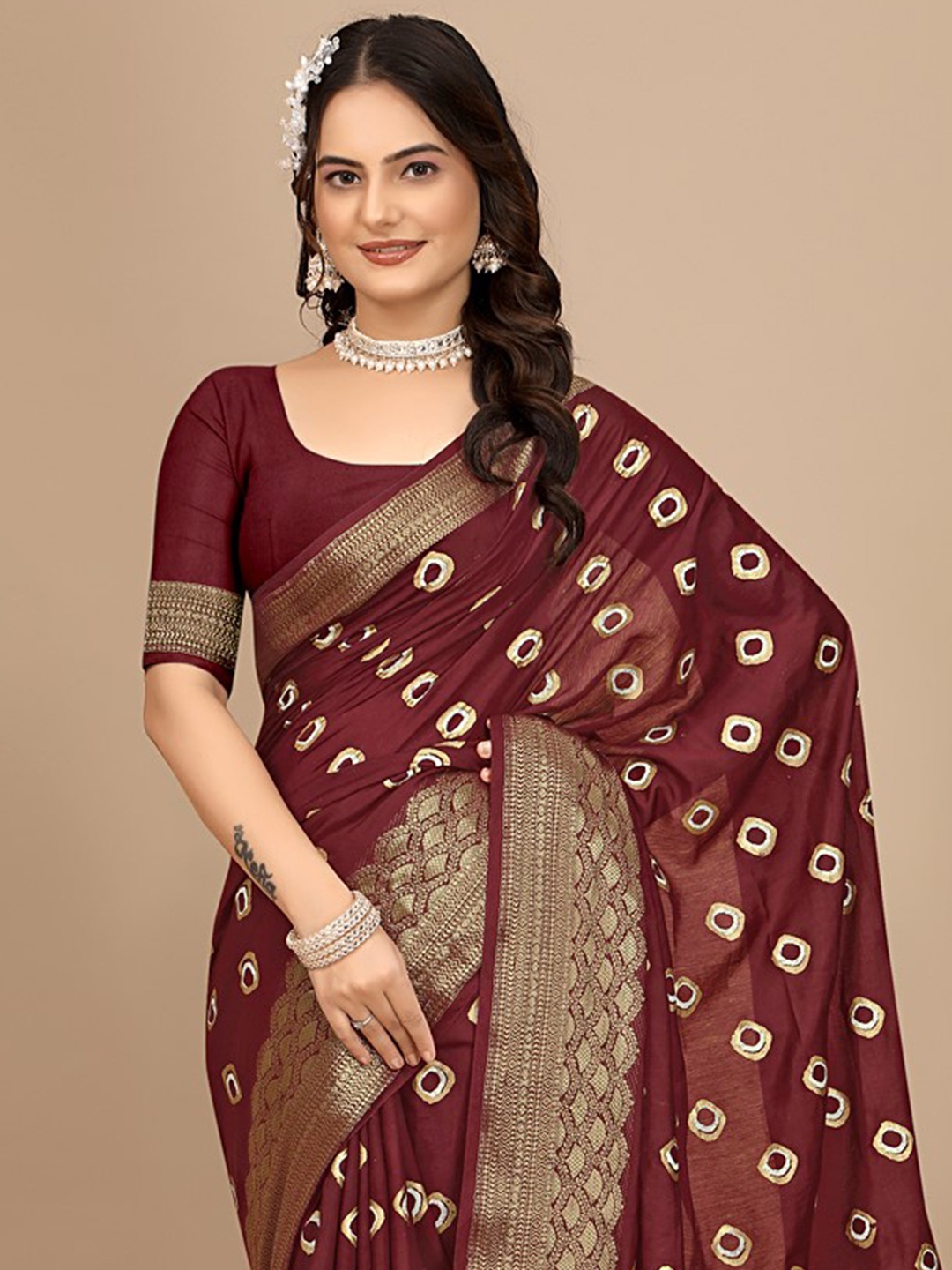 Pionex Bandhani Printed Zari Saree, Maroon