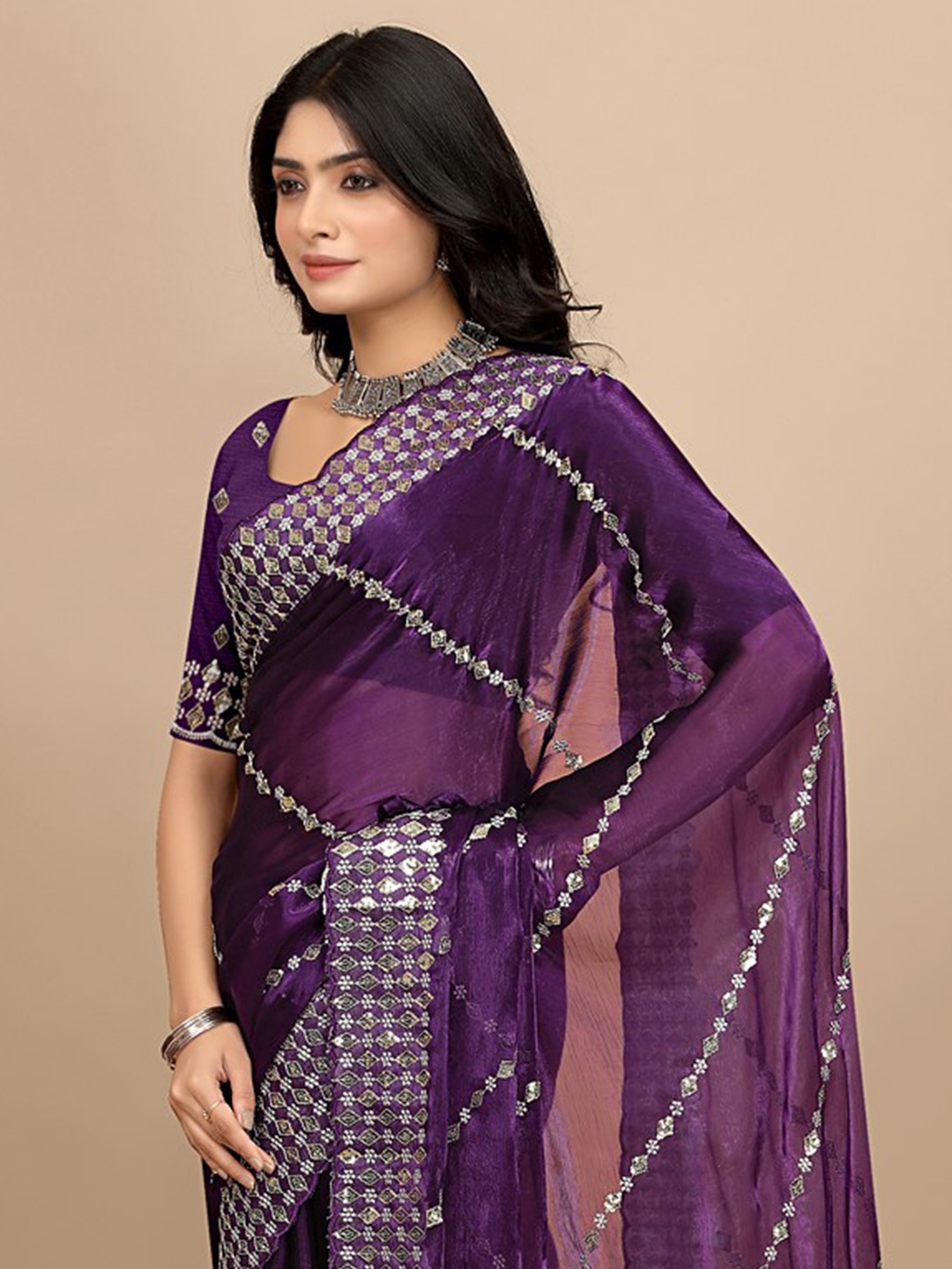 

Pionex Embellished Sequinned Organza Saree, Purple