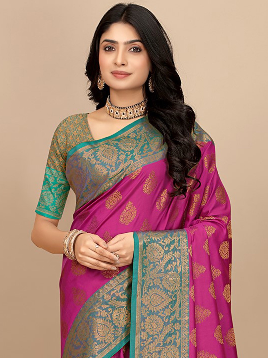 

Pionex Woven Design Zari Pure Silk Saree, Pink