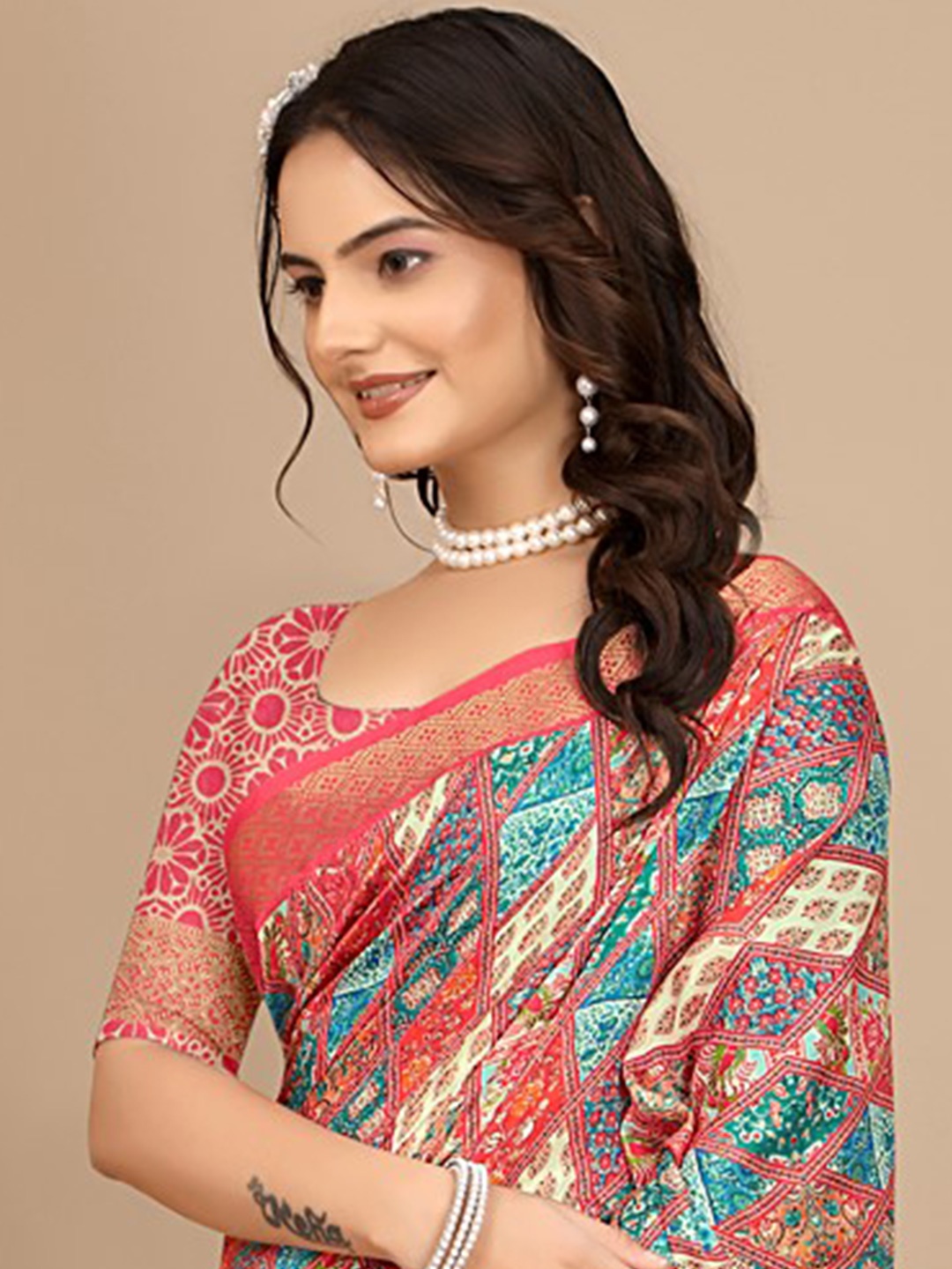 Pionex Woven Design Printed Pure Chiffon Saree, Pink