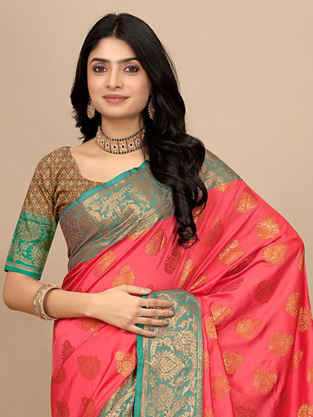 

Pionex Woven Design Zari Pure Silk Saree, Pink