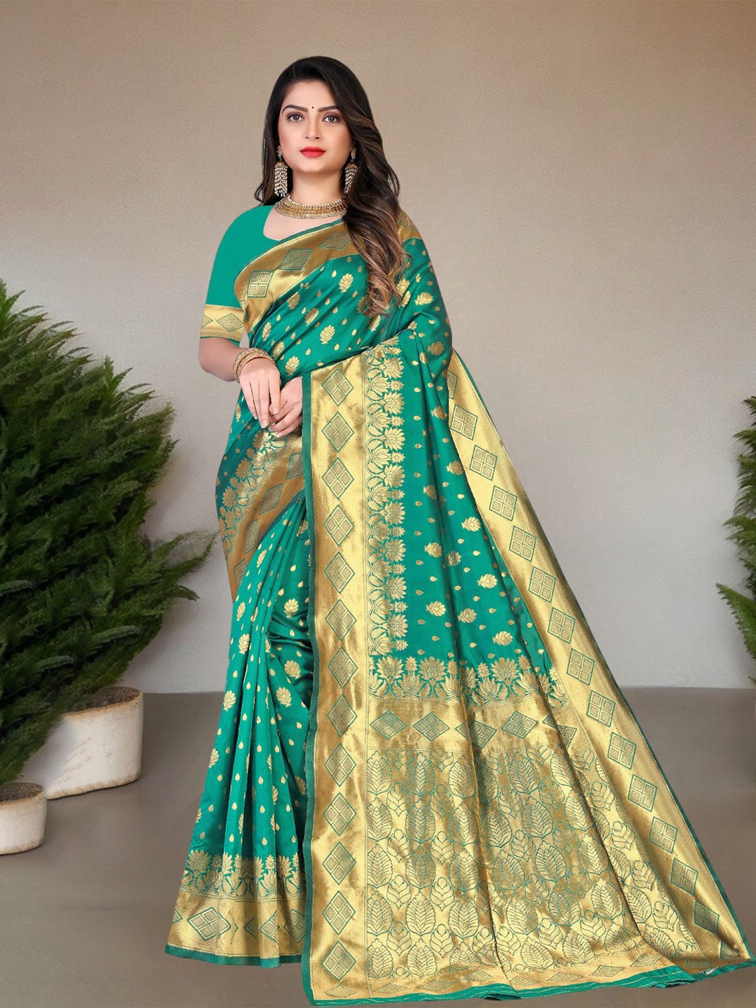 

Pionex Woven Design Zari Pure Silk Saree, Teal