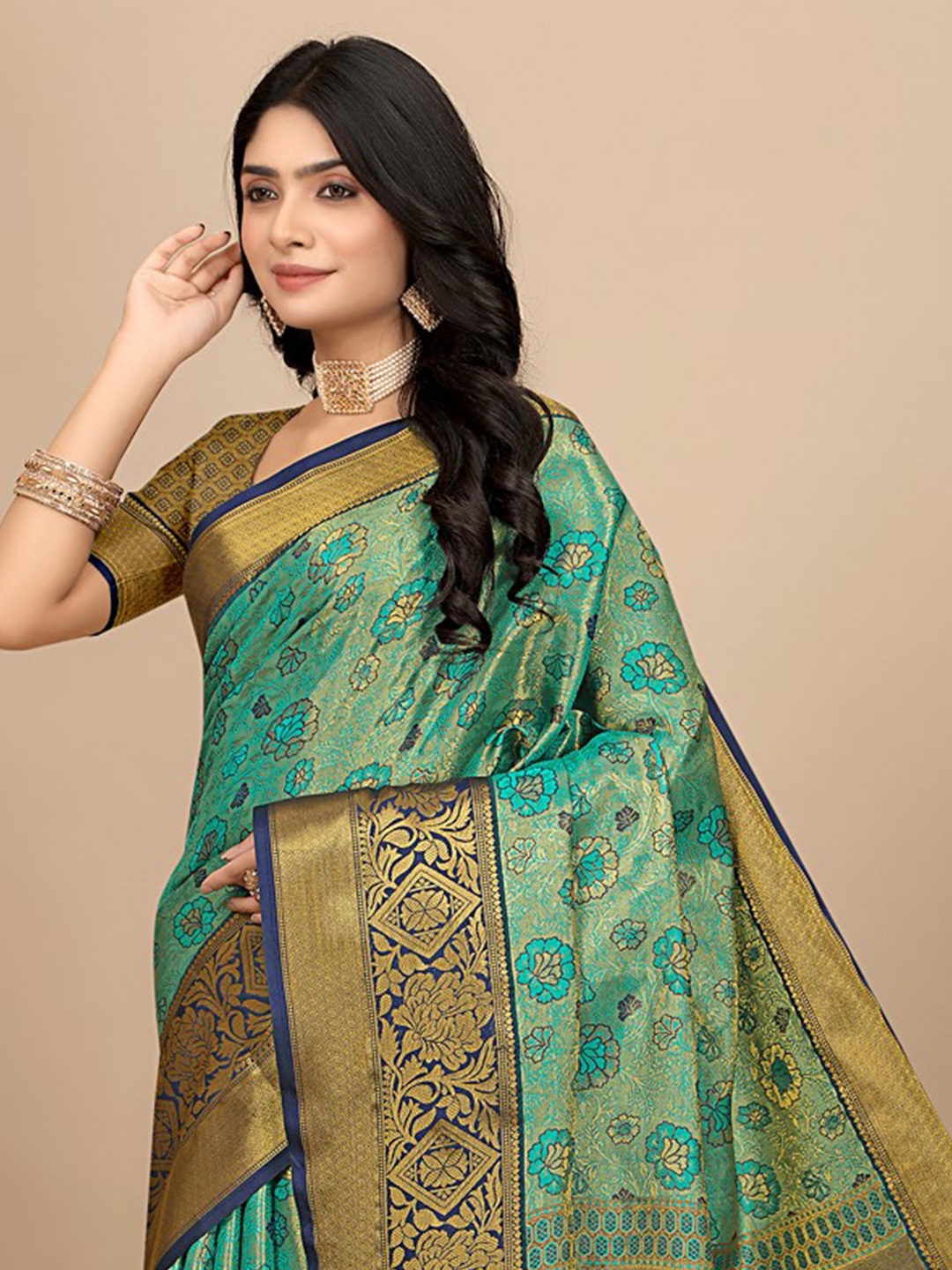 Pionex Woven Design Pure Silk Ready to Wear Saree, Blue