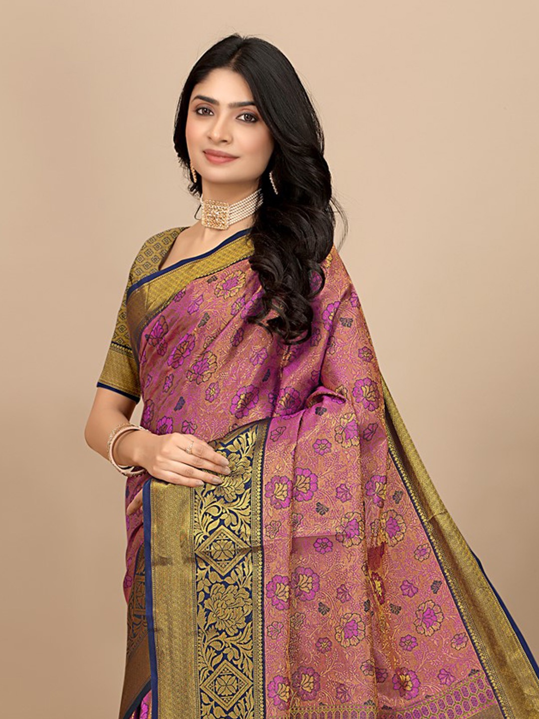 

Pionex Zari Pure Silk Saree, Purple