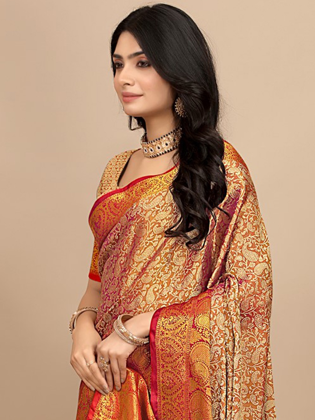 

Pionex Women Paisley Pure Silk Saree With Blouse Piece, Orange