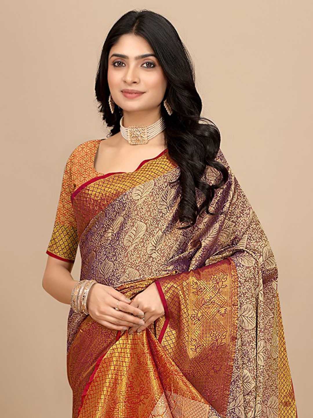 

Pionex Woven Design Zari Pure Silk Saree, Brown