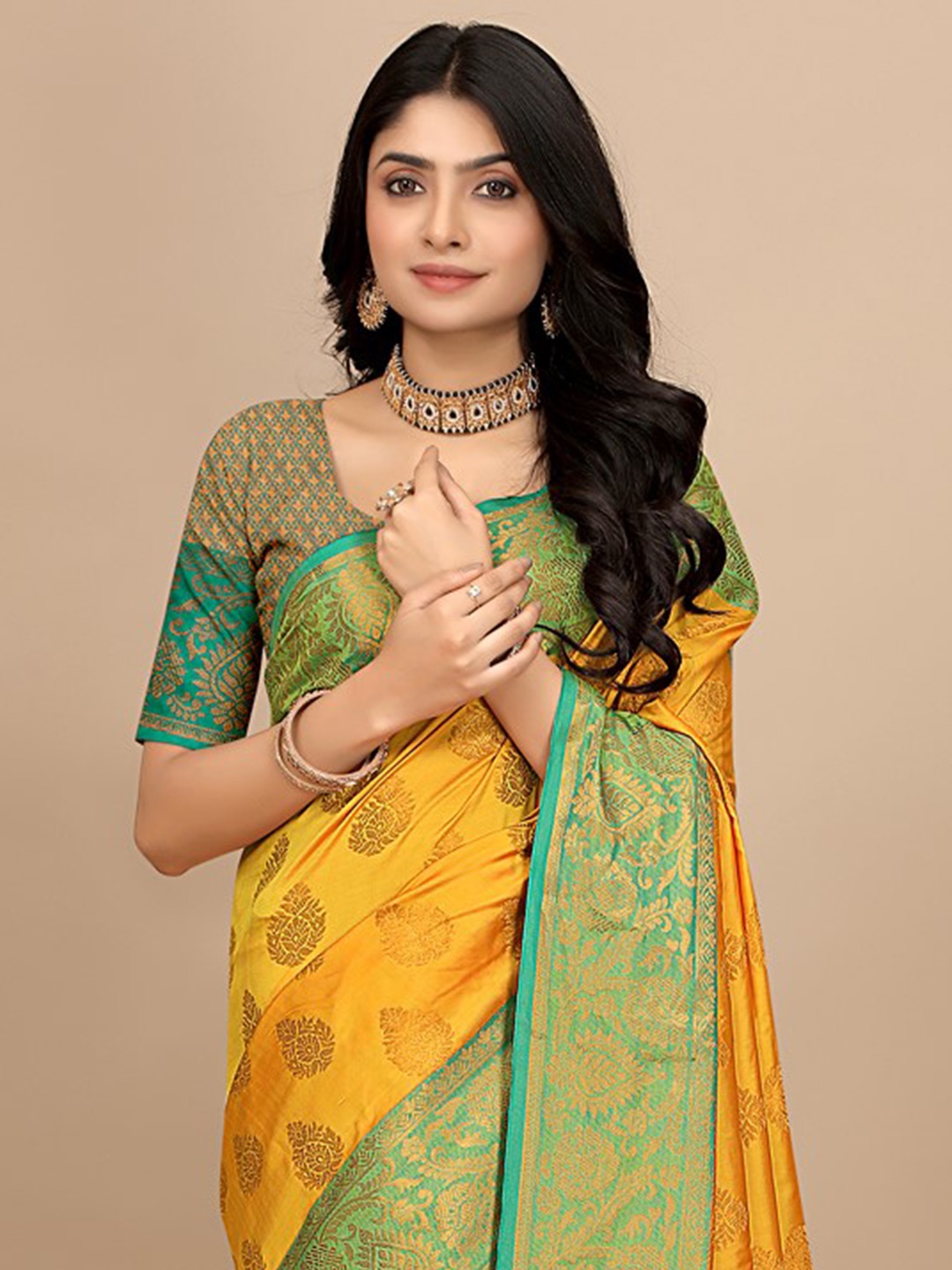 Pionex Woven Design Zari Pure Silk Saree, Yellow
