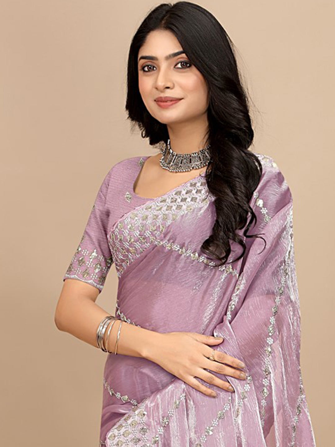 Pionex Sequinned Saree, Pink