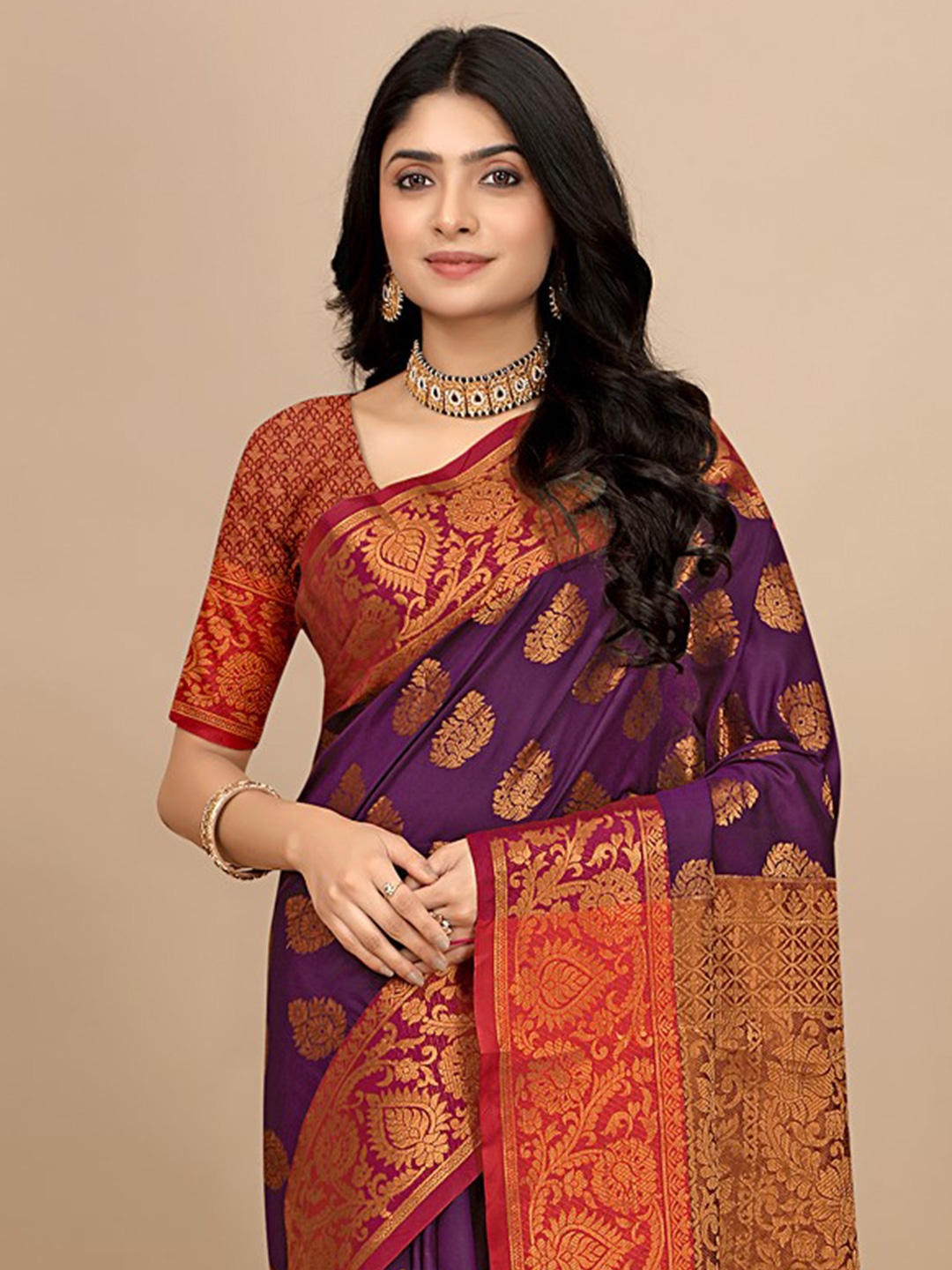 

Pionex Woven Design Zari Pure Silk Saree, Purple