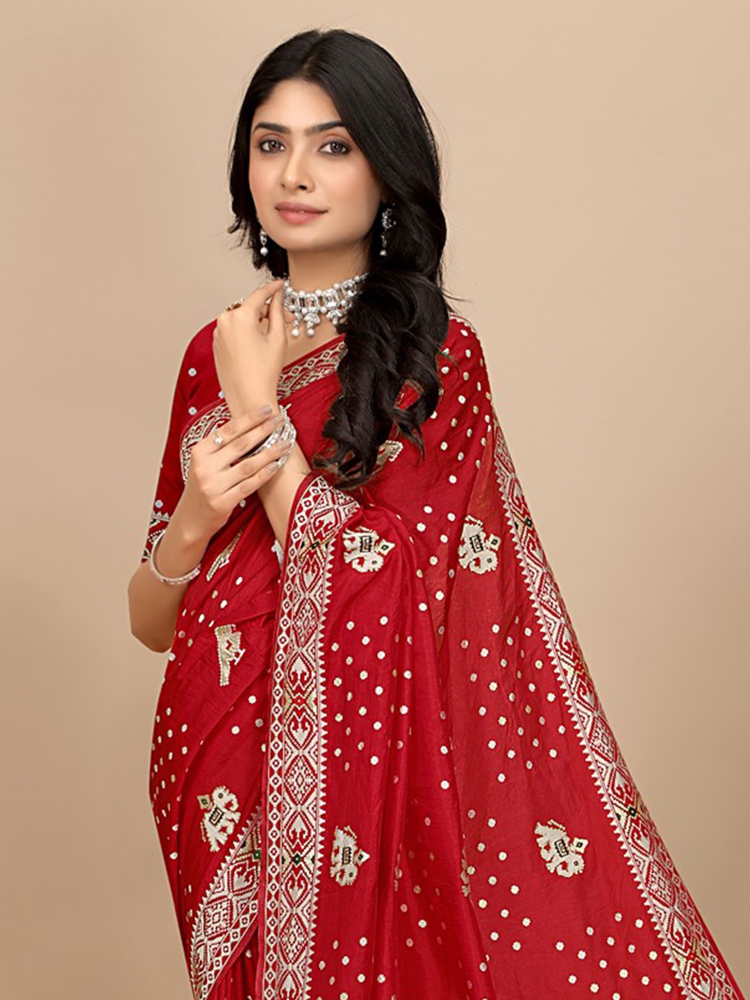Pionex Geometric Printed Pure Silk Saree, Red