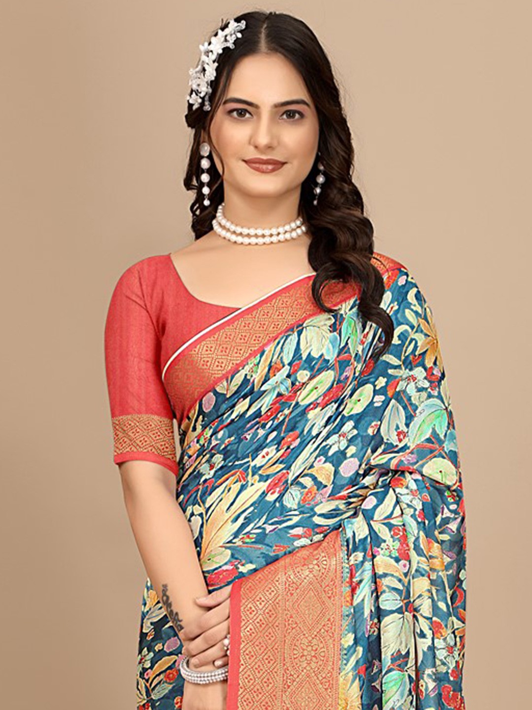 

Pionex Floral Zari Pure Chiffon Saree, Orange