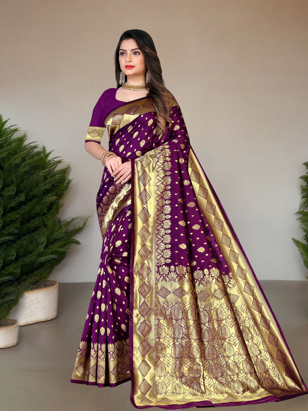 

Pionex Woven Design Zari Pure Silk Saree, Purple