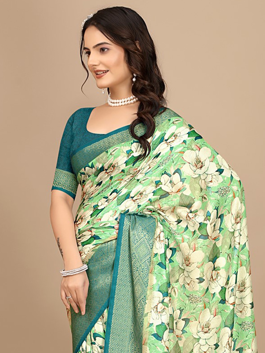 

Pionex Floral Printed Zari Pure Chiffon Saree, Teal