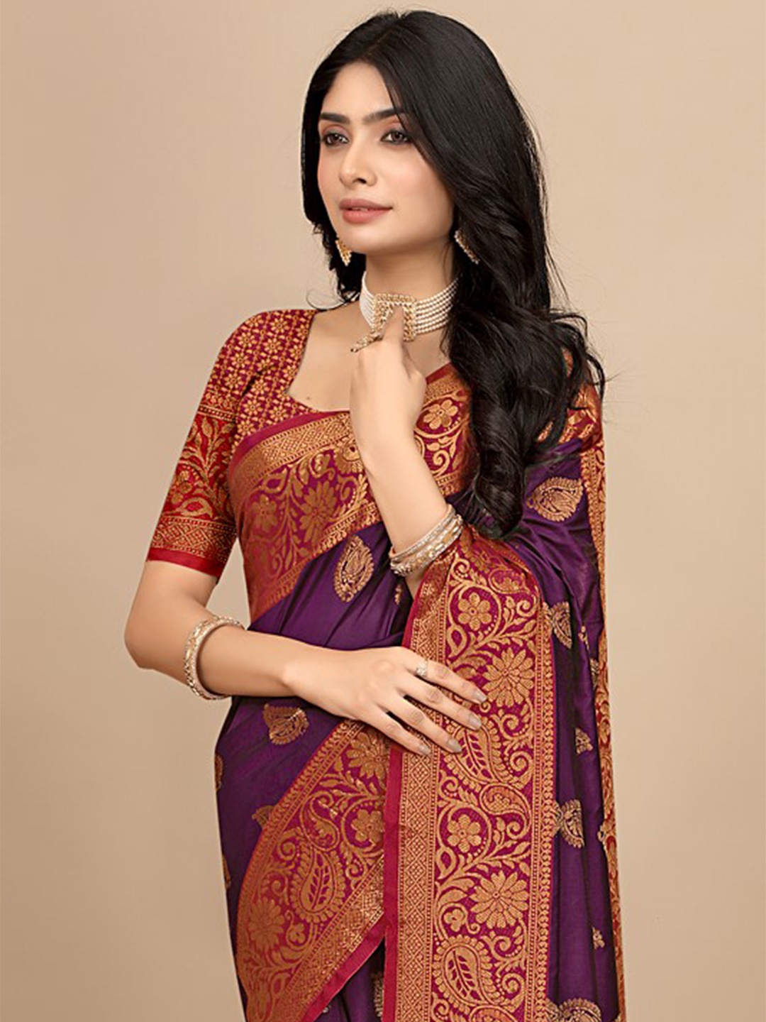Pionex Woven Design Ethnic Motifs Pure Silk Saree, Purple