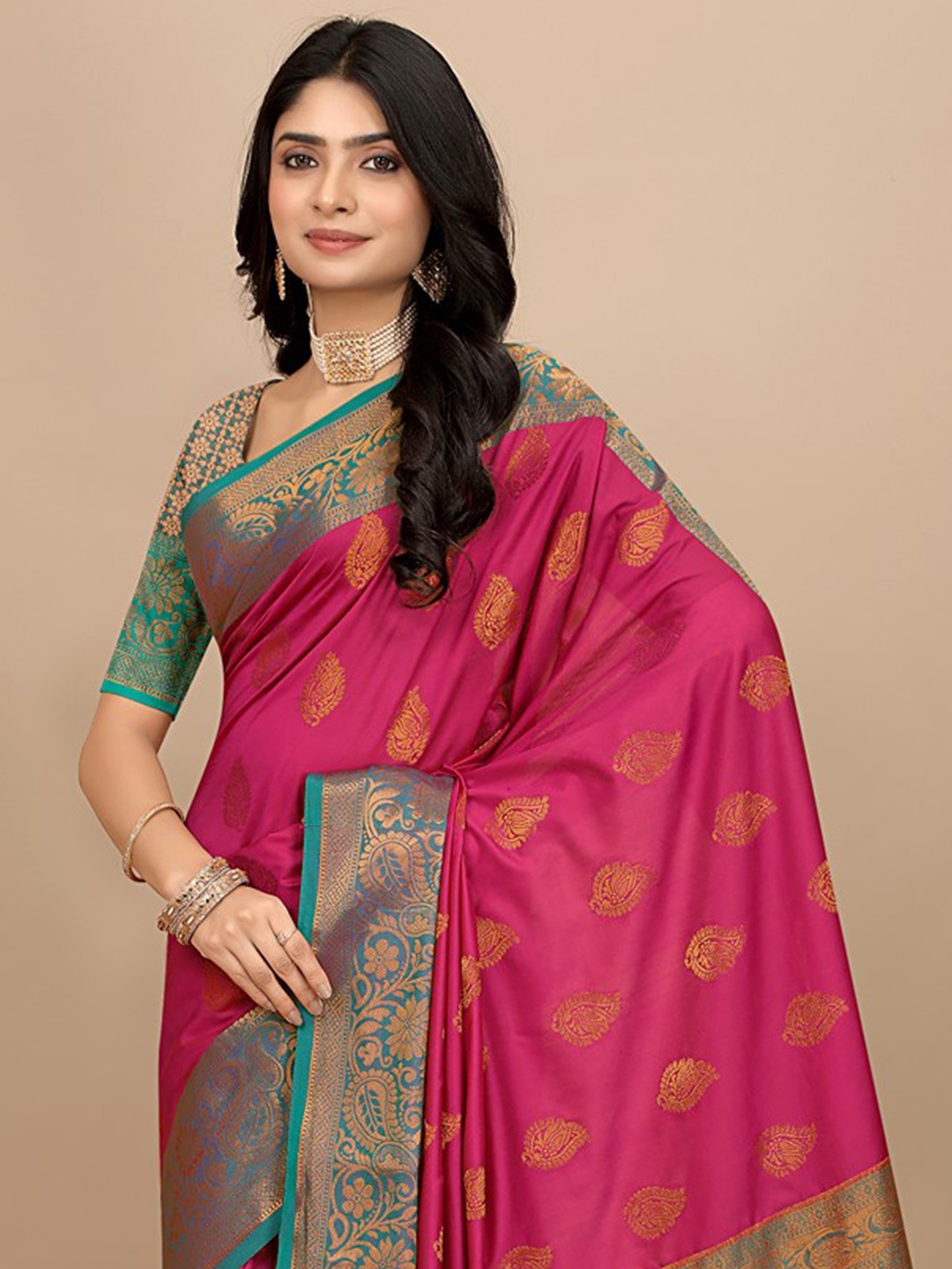 

Pionex Woven Design Pure Silk Saree, Pink