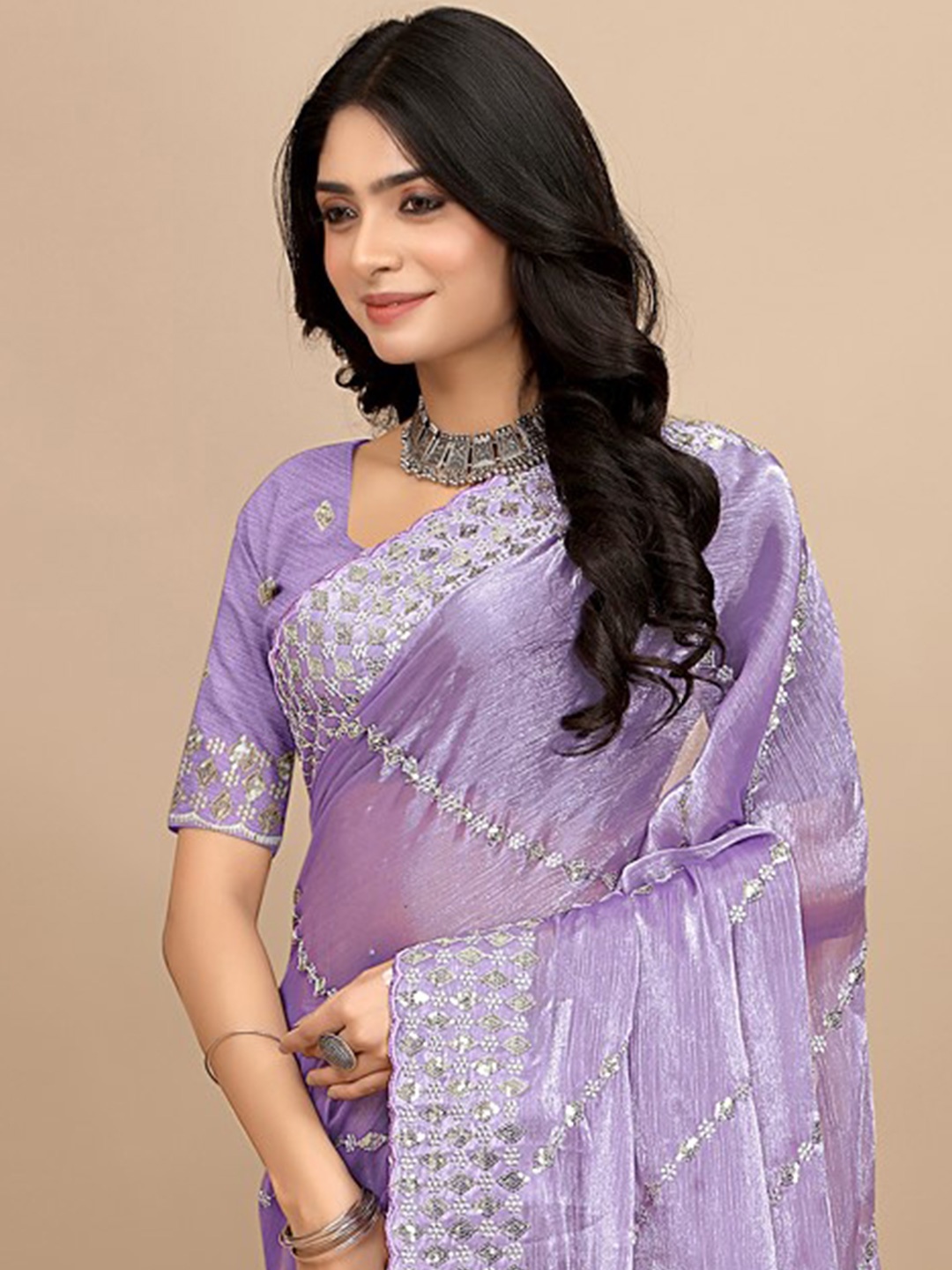 

Pionex Floral Embellished Organza Saree, Purple