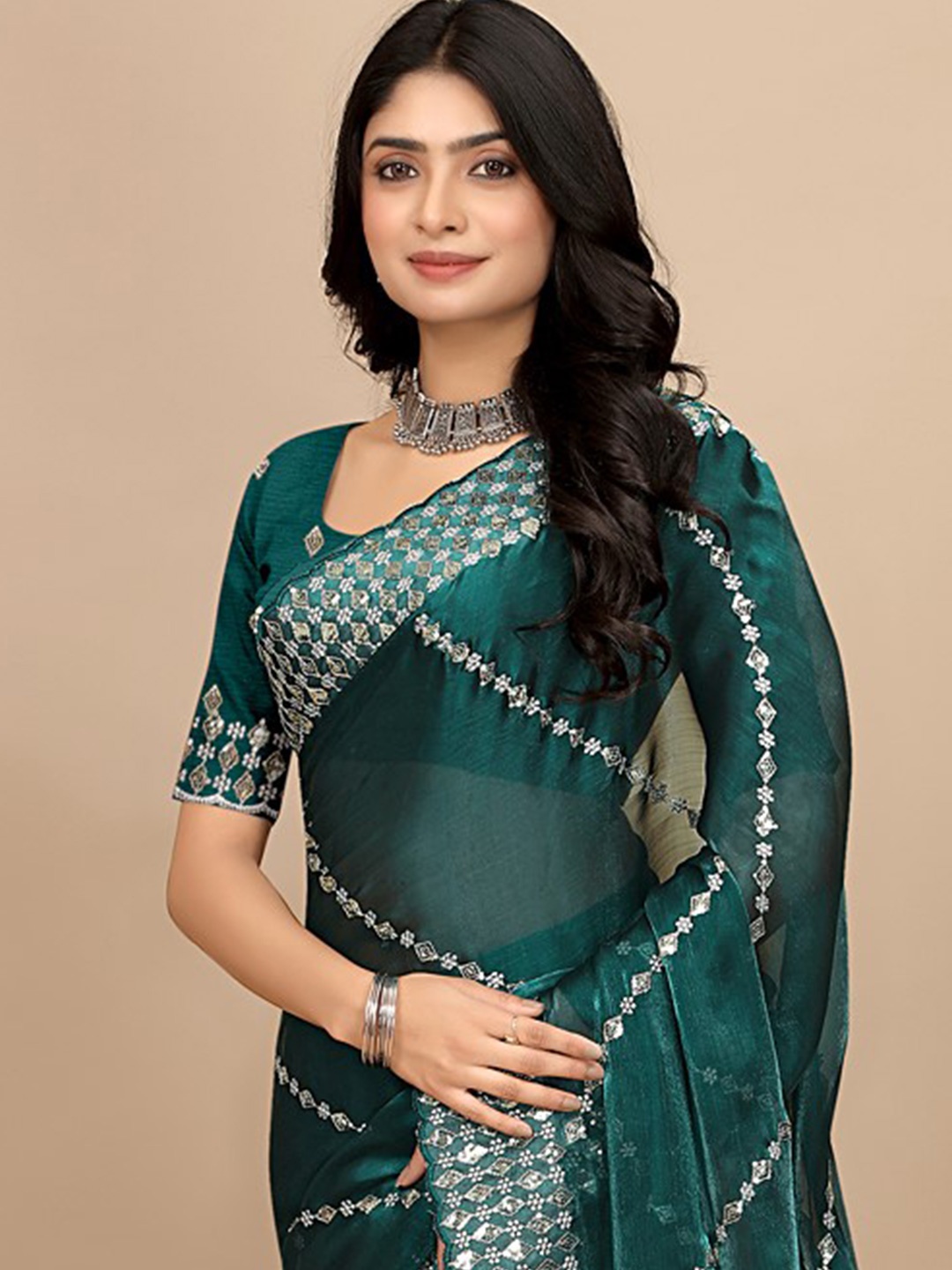 

Pionex Embellished Sequinned Organza Saree, Teal