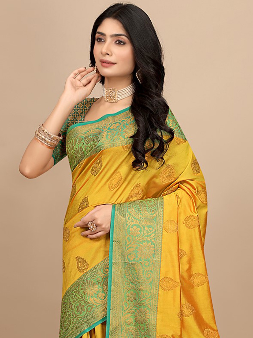 

Pionex Woven Design Ethnic Motifs Zari Pure Silk Saree, Yellow