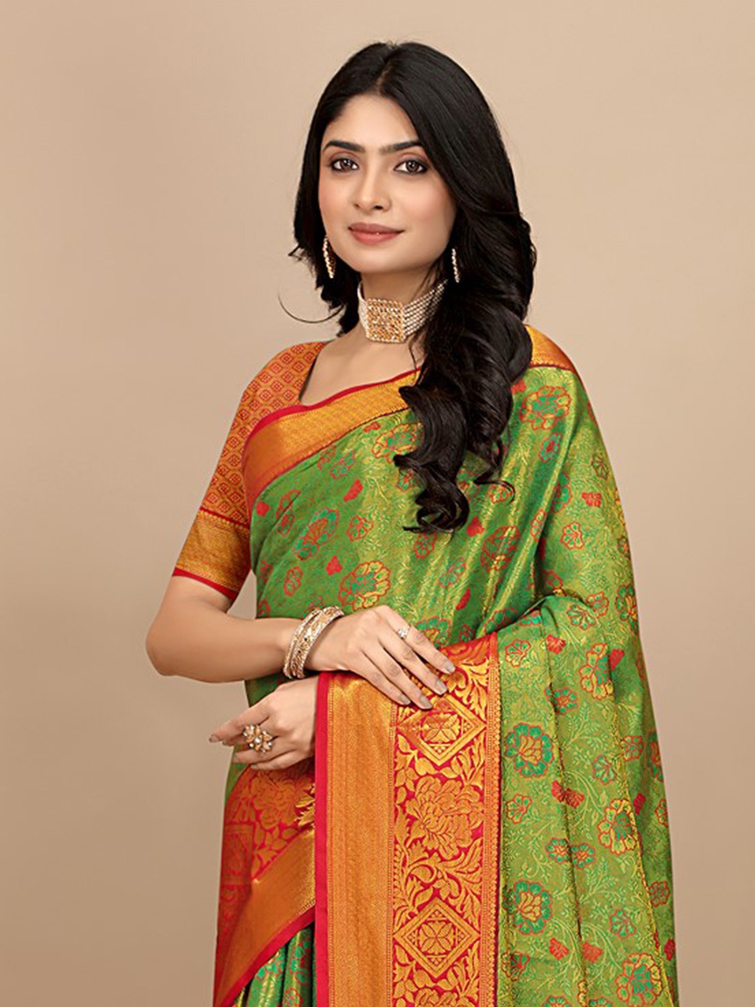 

Pionex Pure Silk Woven Design Zari Saree, Green