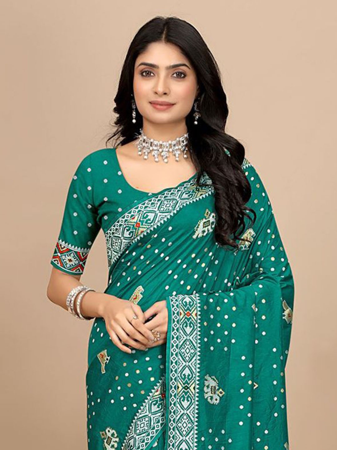 Pionex Floral Pure Silk Saree, Teal