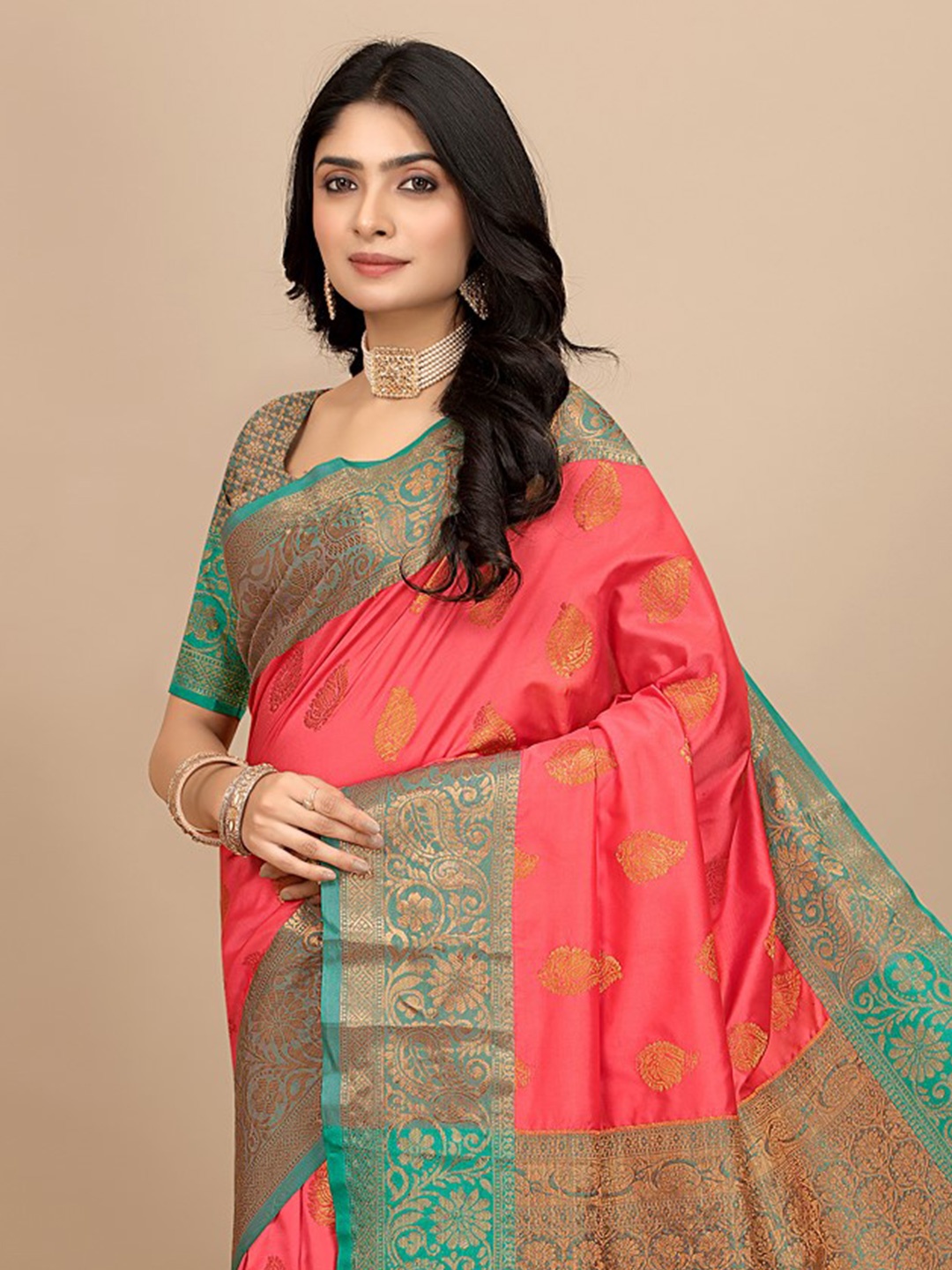 

Pionex Woven Design Zari Pure Silk Festive Saree, Pink
