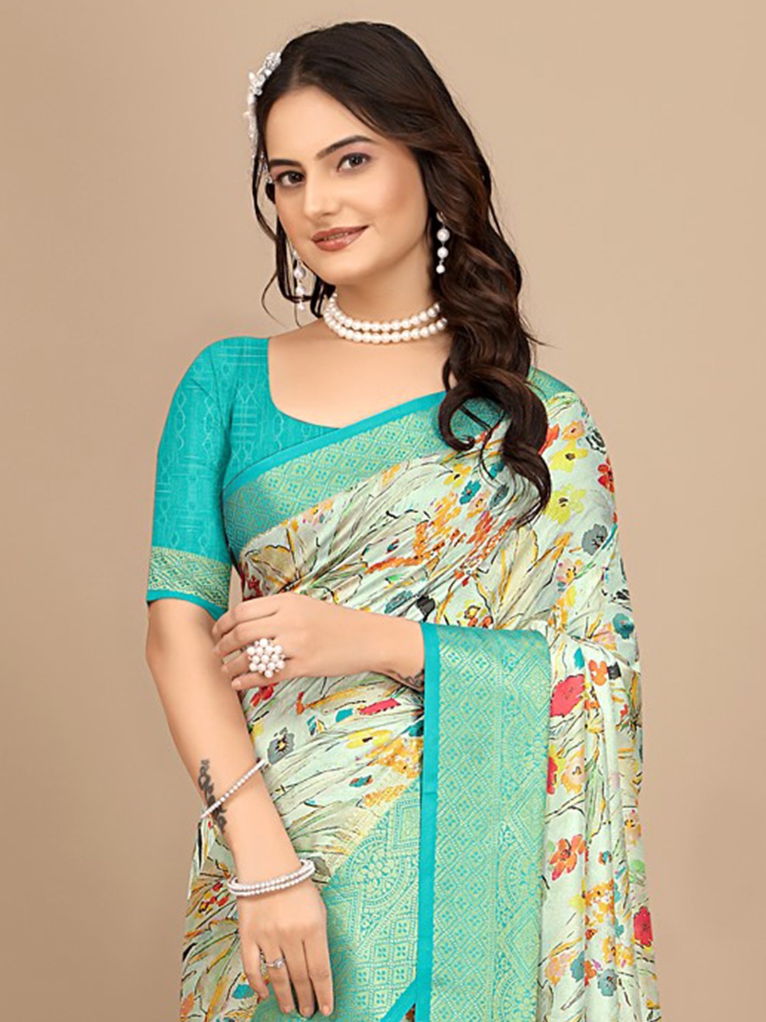 

Pionex Floral Pure Chiffon Saree, Blue