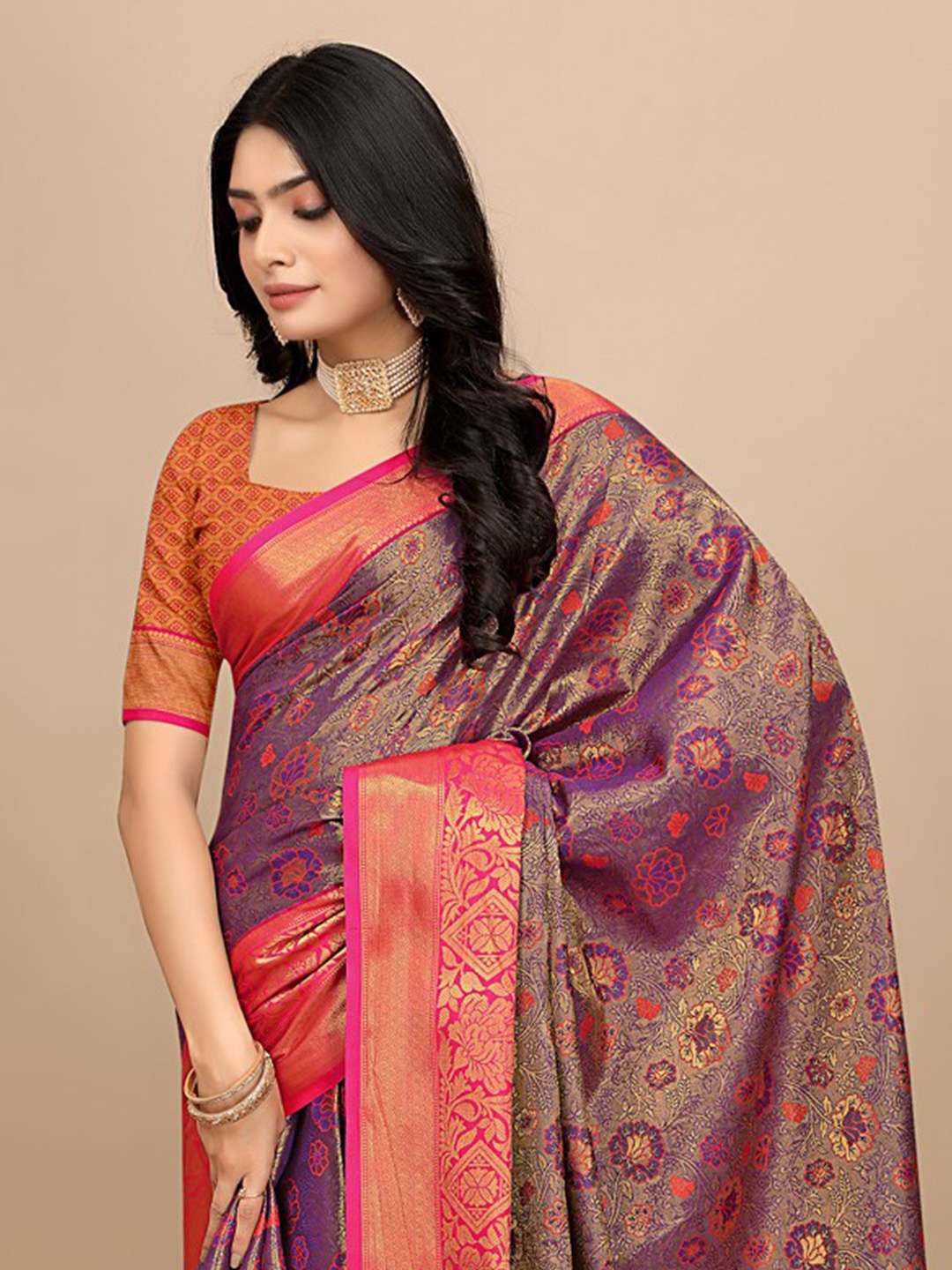 

Pionex Ethnic Motifs Zari Pure Silk Saree, Purple