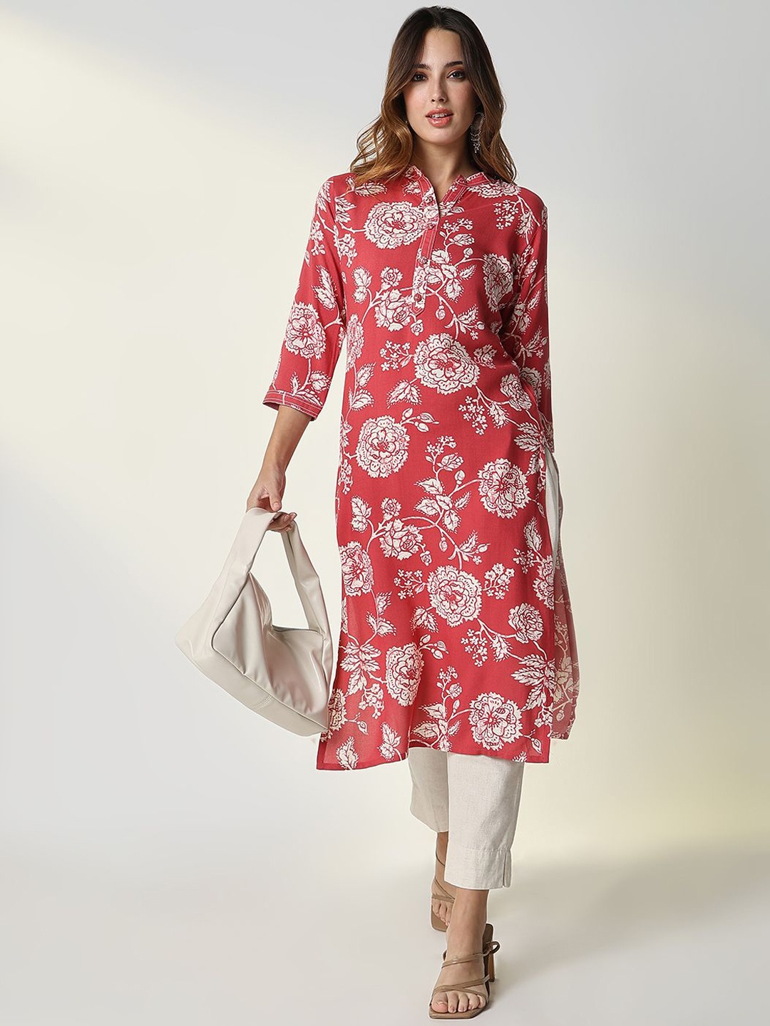 

SHOWOFF Floral Printed Mandarin Collar Straight Cotton Kurta, Red
