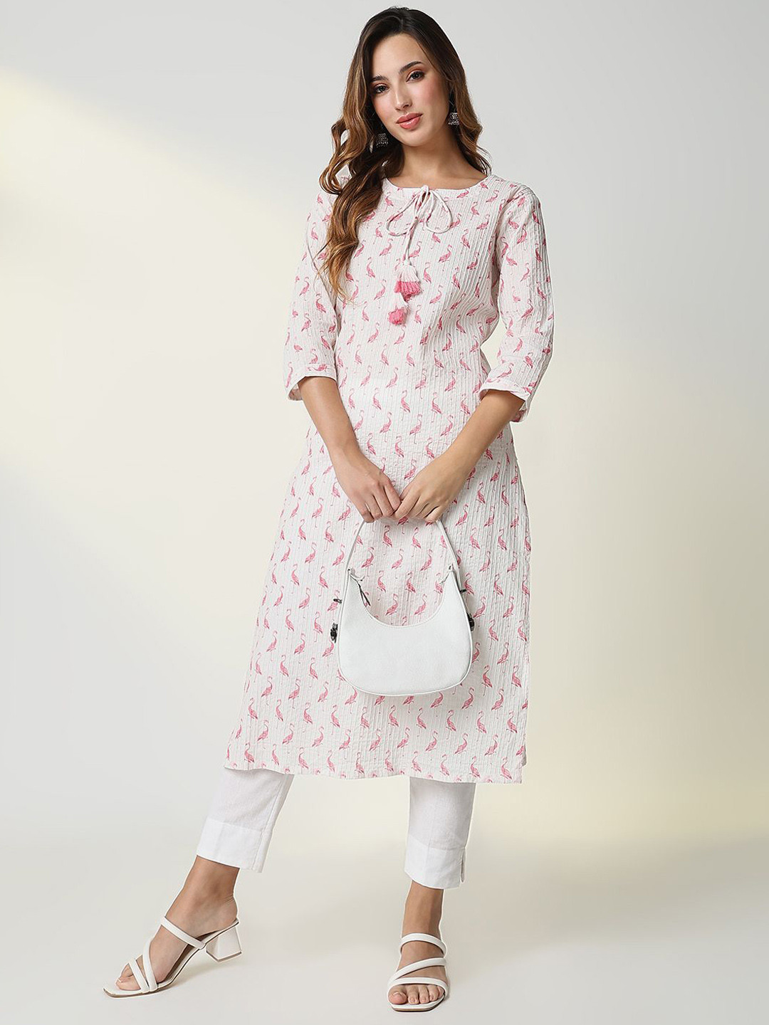 

SHOWOFF Animal Printed Tie-Up Neck Straight Kurta, White