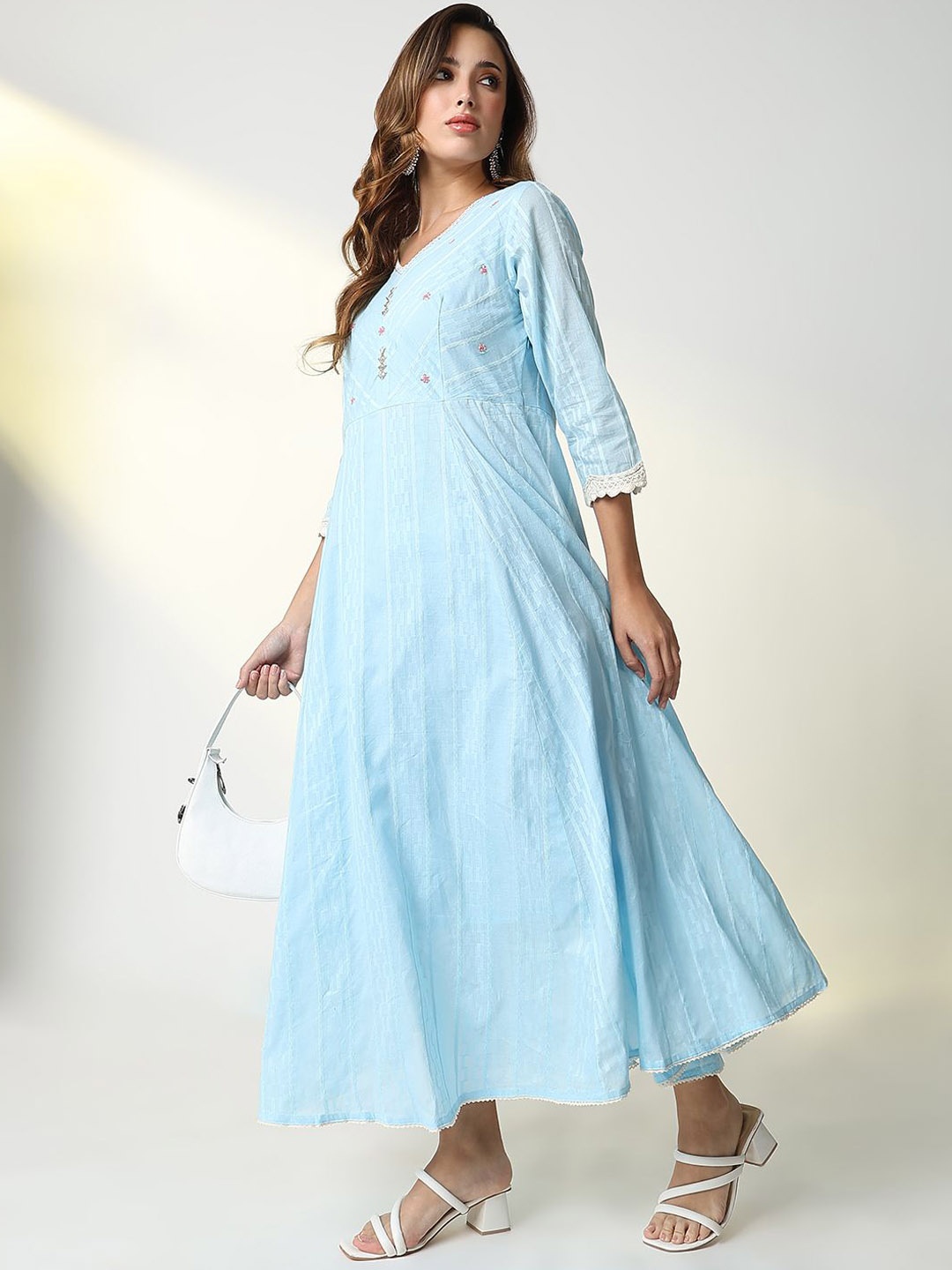 

SHOWOFF Striped Embroidered V-Neck Sequins Anarkali Kurta, Blue