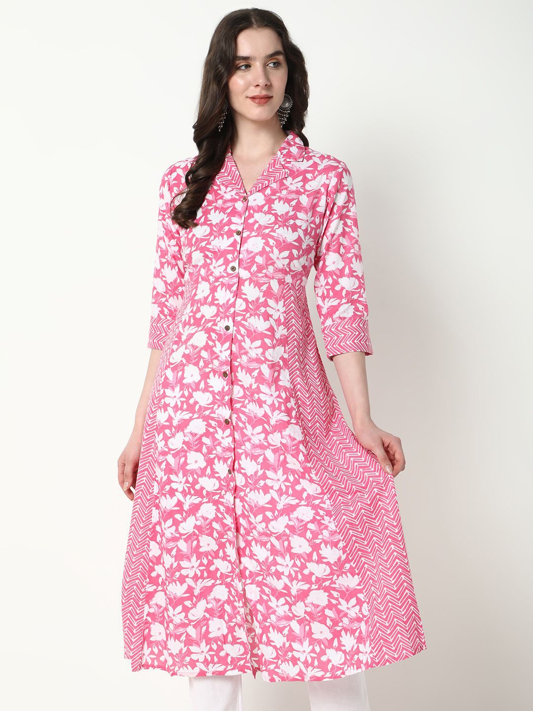 

SHOWOFF Floral Printed Shirt Collar Cotton A-Line Kurta, Pink