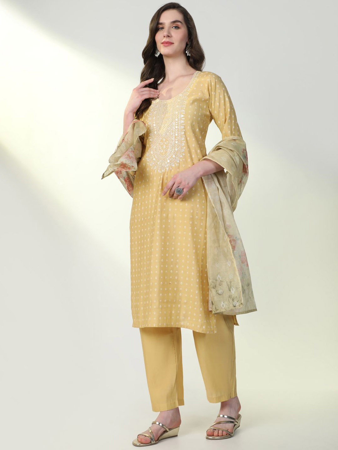 

SHOWOFF Ethnic Motifs Printed Sequinned Straight Kurta With Trouser & Dupatta, Yellow