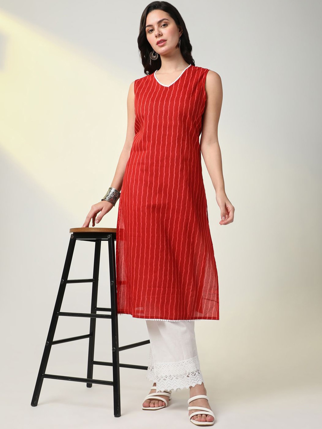 

SHOWOFF Striped Kurta with Trouser, Red