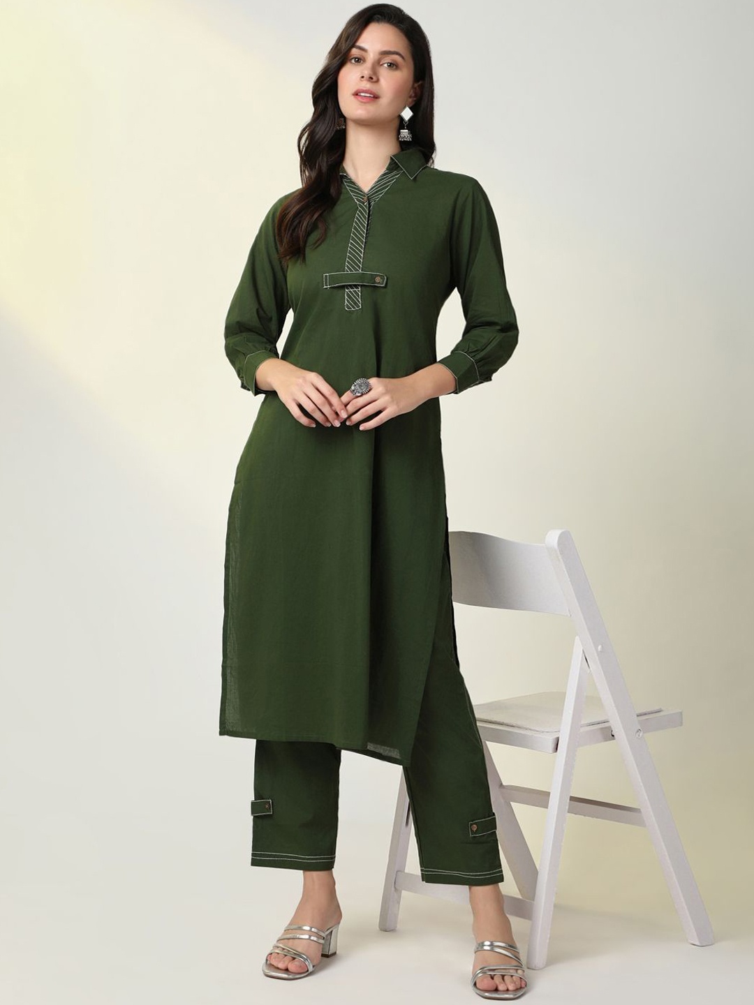 

SHOWOFF Puffed Sleeves Kurta with Trouser, Green