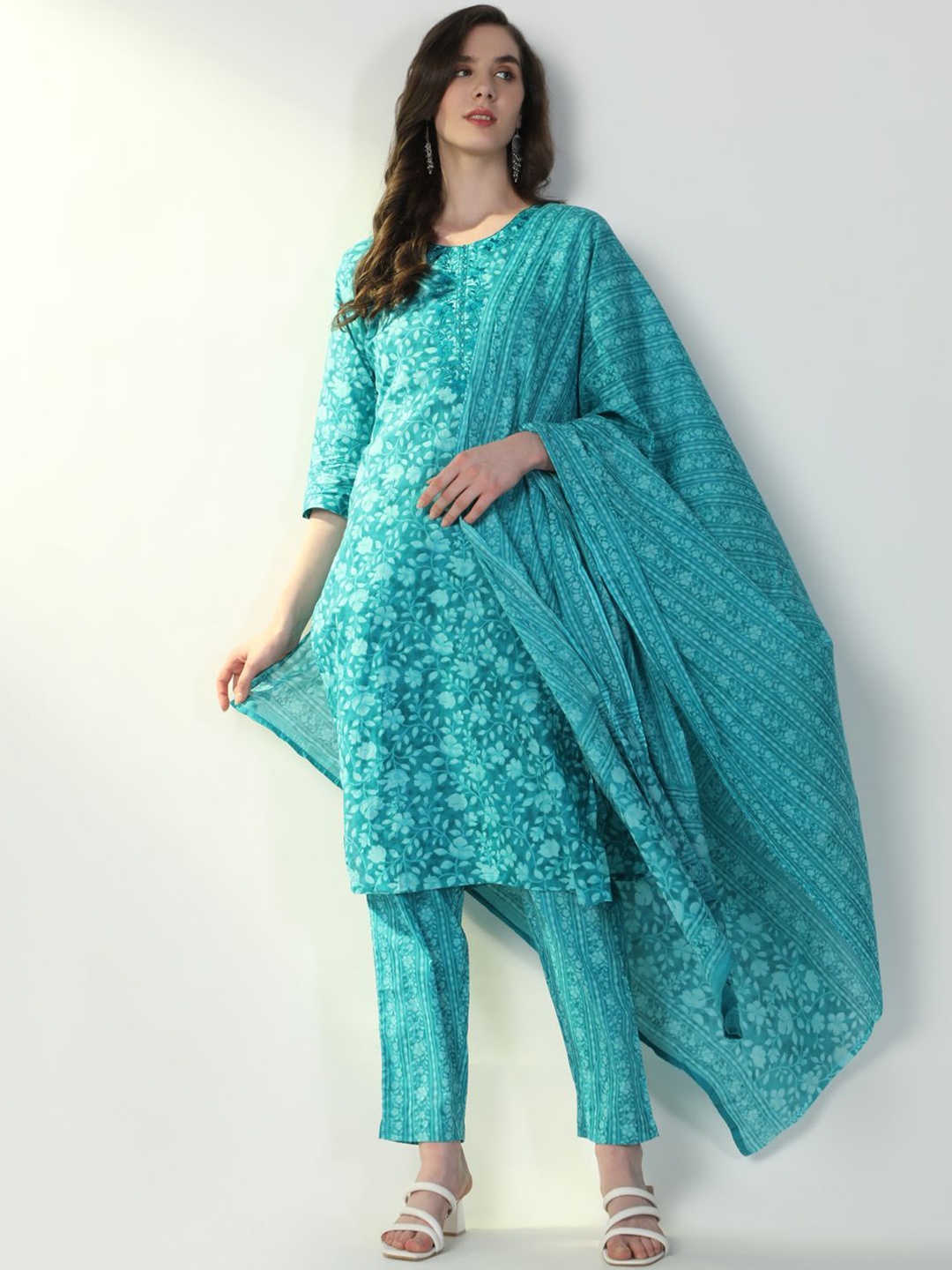 

SHOWOFF Floral Printed Mirror Work Kurta with Trouser & Dupatta, Blue