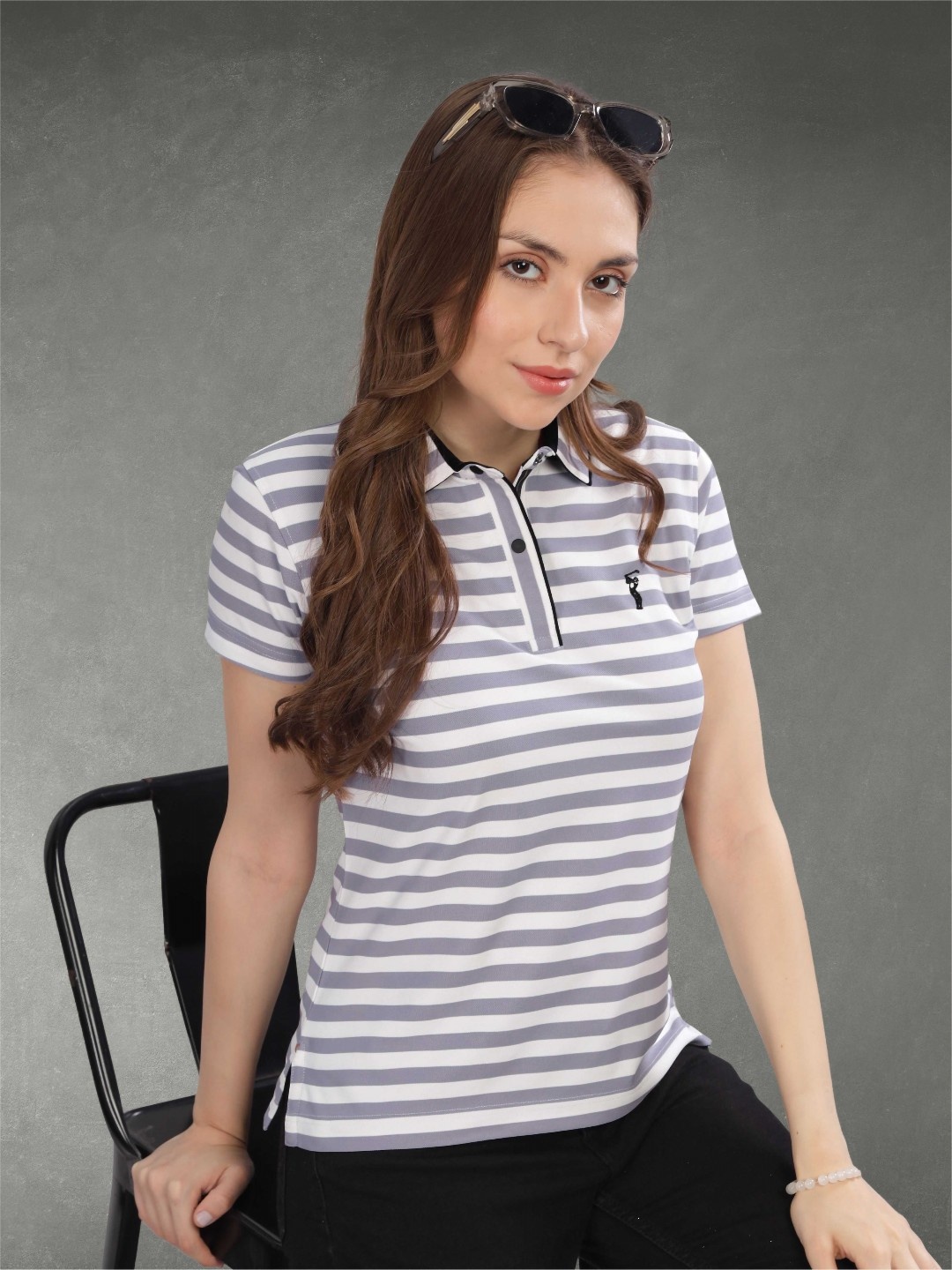 

STELLERS Women Striped Polo Collar T-shirt, Purple