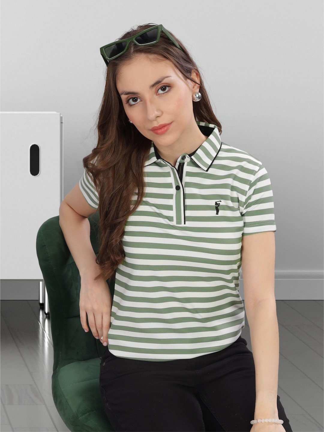 

STELLERS Women Striped Polo Collar T-shirt, Green