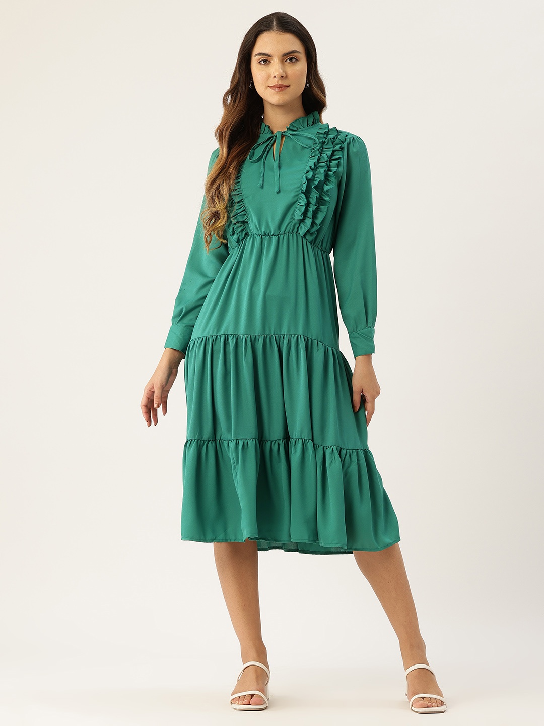 

Rue Collection Tie-Up Neck Ruffled Fit & Flare Midi Dress, Green