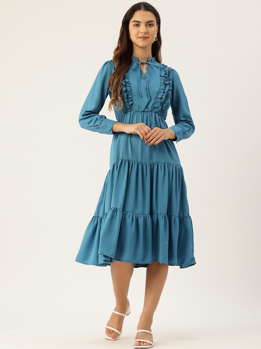 

Rue Collection Tie-Up Neck Puff Sleeve Ruffled Fit & Flare Midi Dress, Blue