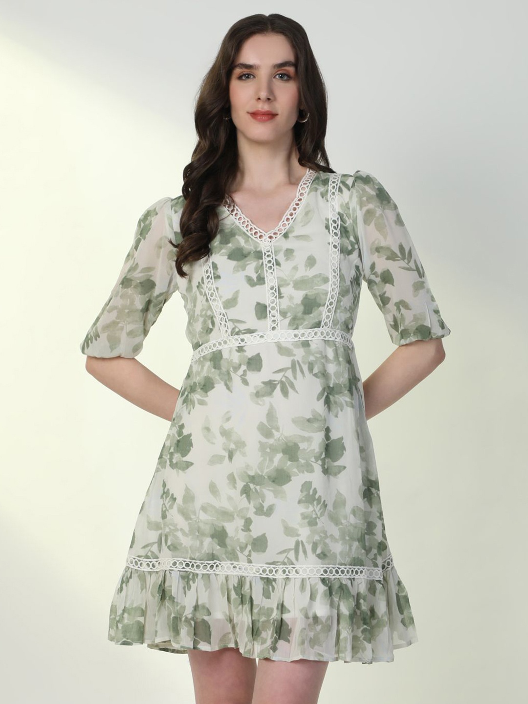 

SHOWOFF Women Floral Print Puff Sleeve Crepe A-Line Mini Dress, Green