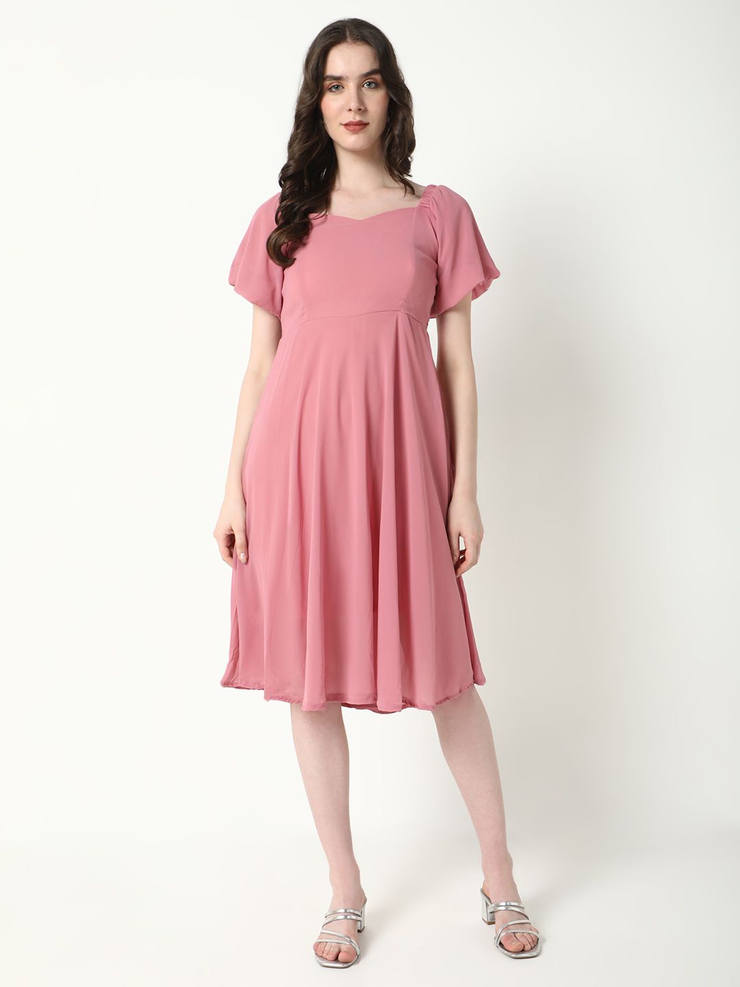 

SHOWOFF Puff Sleeve Georgette Fit & Flare Dress, Pink