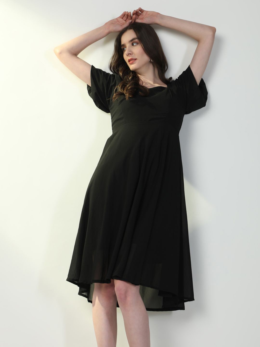 

SHOWOFF Puff Sleeve Georgette Fit & Flare Dress, Black